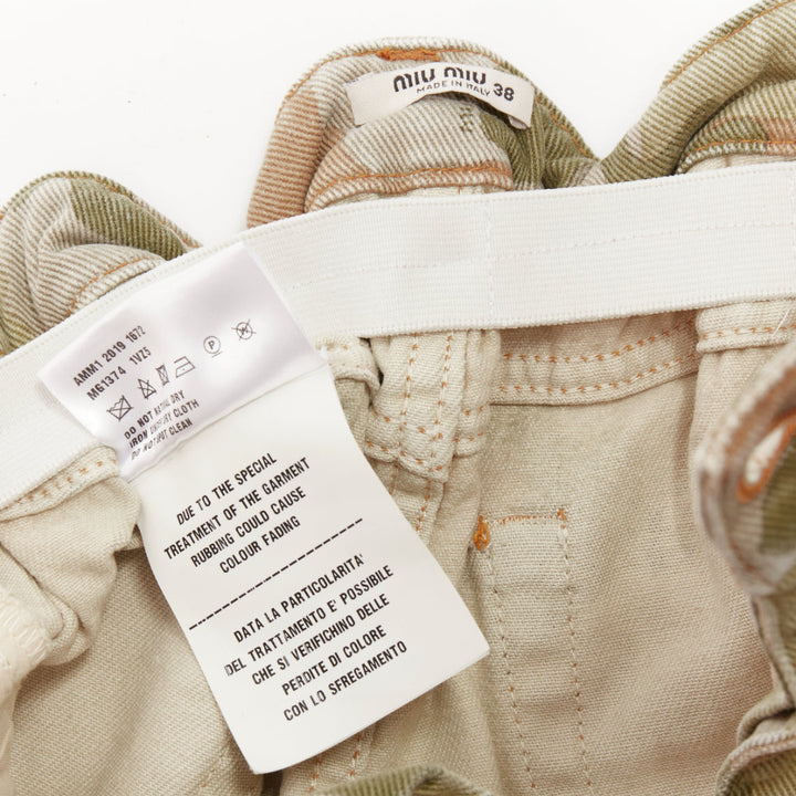 MIU MIU 2019 khaki green washed camo orange logo paperbag waist skirt IT38 XS