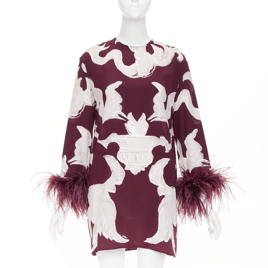 VALENTINO 2024 Runway Metamorphosis Gryphon print feather cuff silk dress IT40 S