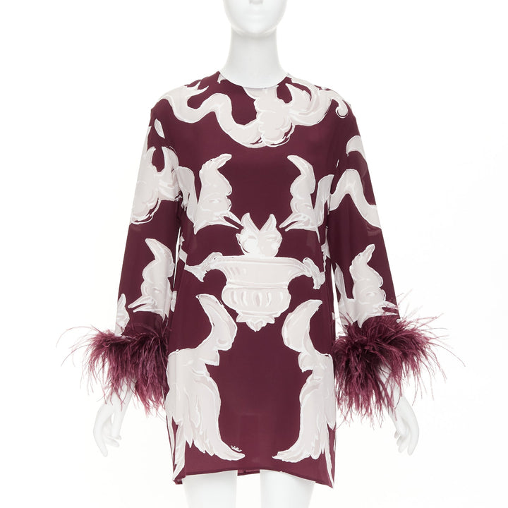 VALENTINO 2024 Runway Metamorphosis Gryphon print feather cuff silk dress IT40 S
