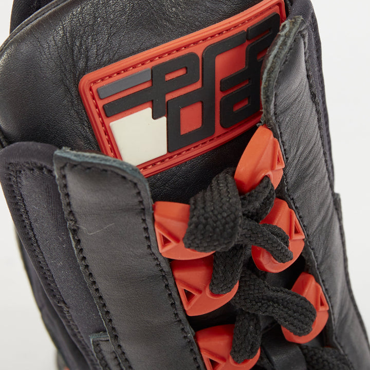 PRADA 2018 Runway black leather neoprene orange accent chunky heel boots EU37