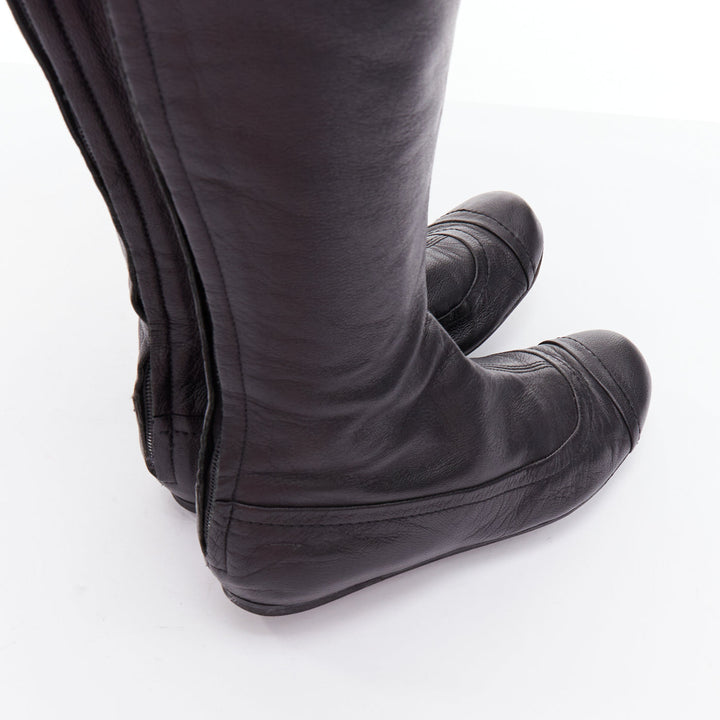 LANVIN black soft leather round toe panelled flat long boots