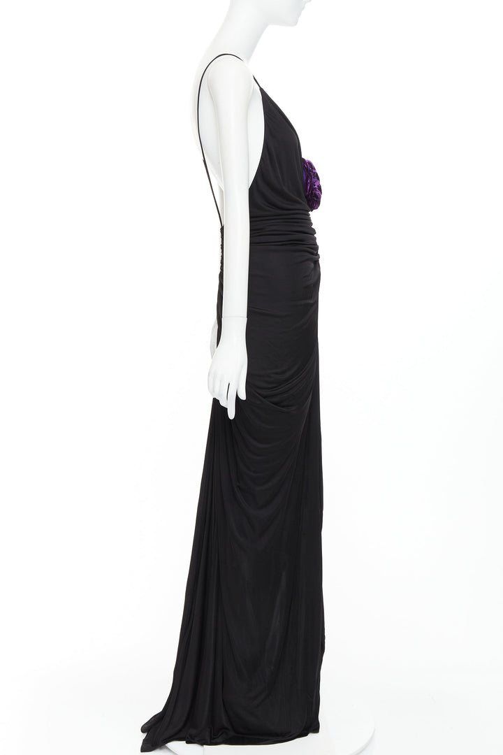 rare SAINT LAURENT 2022 Runway purple Wild Rose applique ruched plunge gown XS