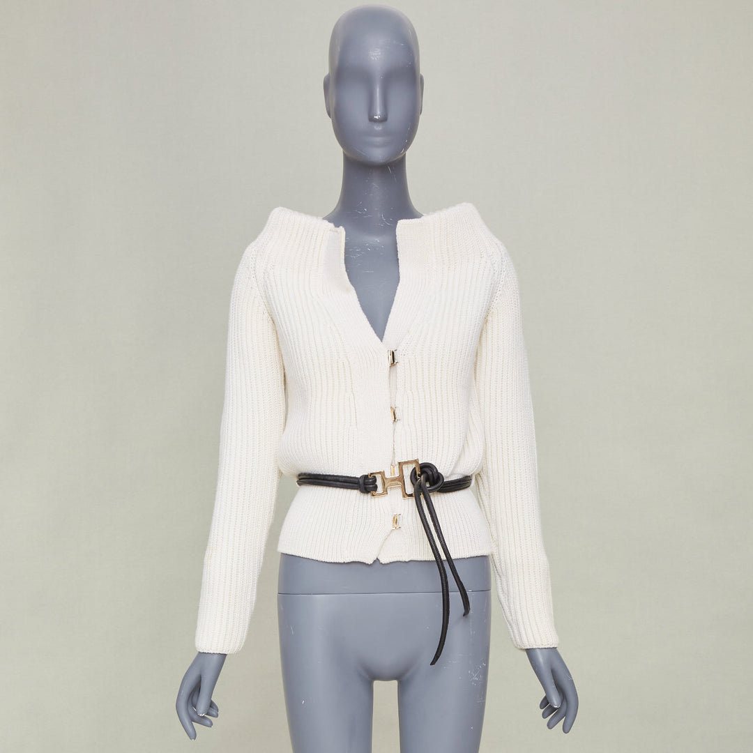 GUCCI Tom Ford Vintage ribbed toggle gold hardware leather belt cardigan top S