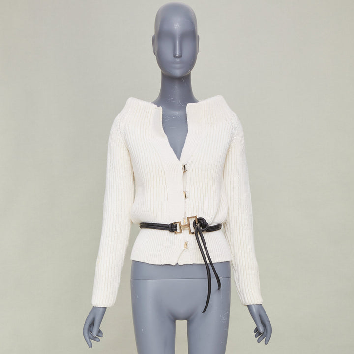 GUCCI Tom Ford Vintage ribbed toggle gold hardware leather belt cardigan top S