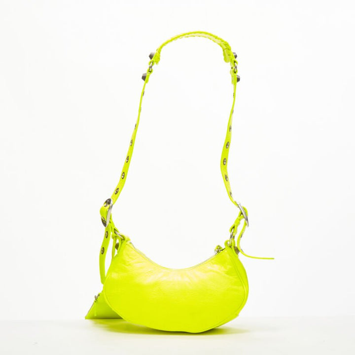 BALENCIAGA DEMNA LE Cagole XS neon yellow silver stud crossbody Motocross bag