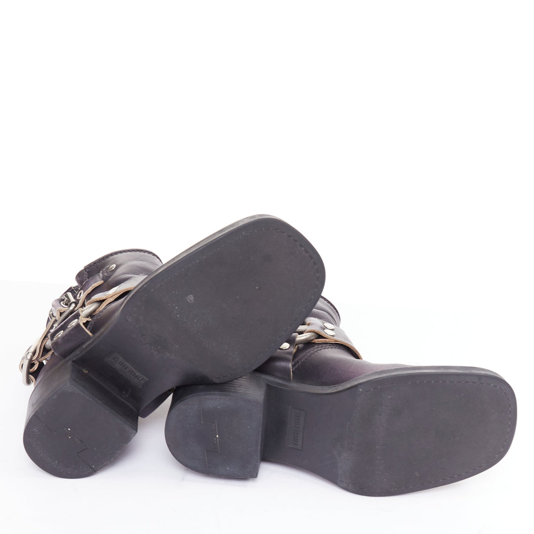 MIU MIU 2025 distressed washed black leather moto harness ankle boots EU36