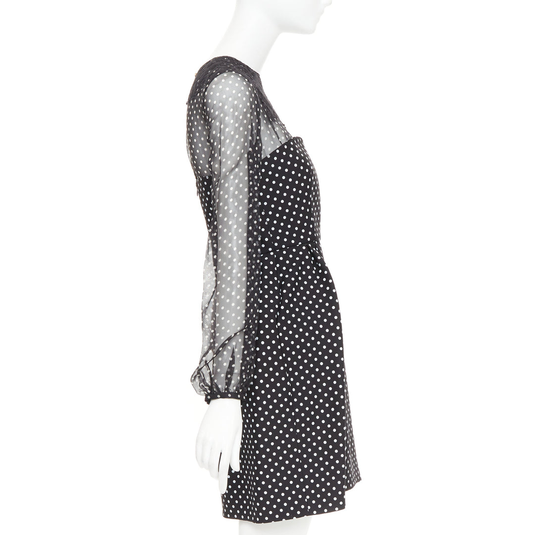 VALENTINO black white wool silk crepe polka dot lace overlay pleat dress IT40 S