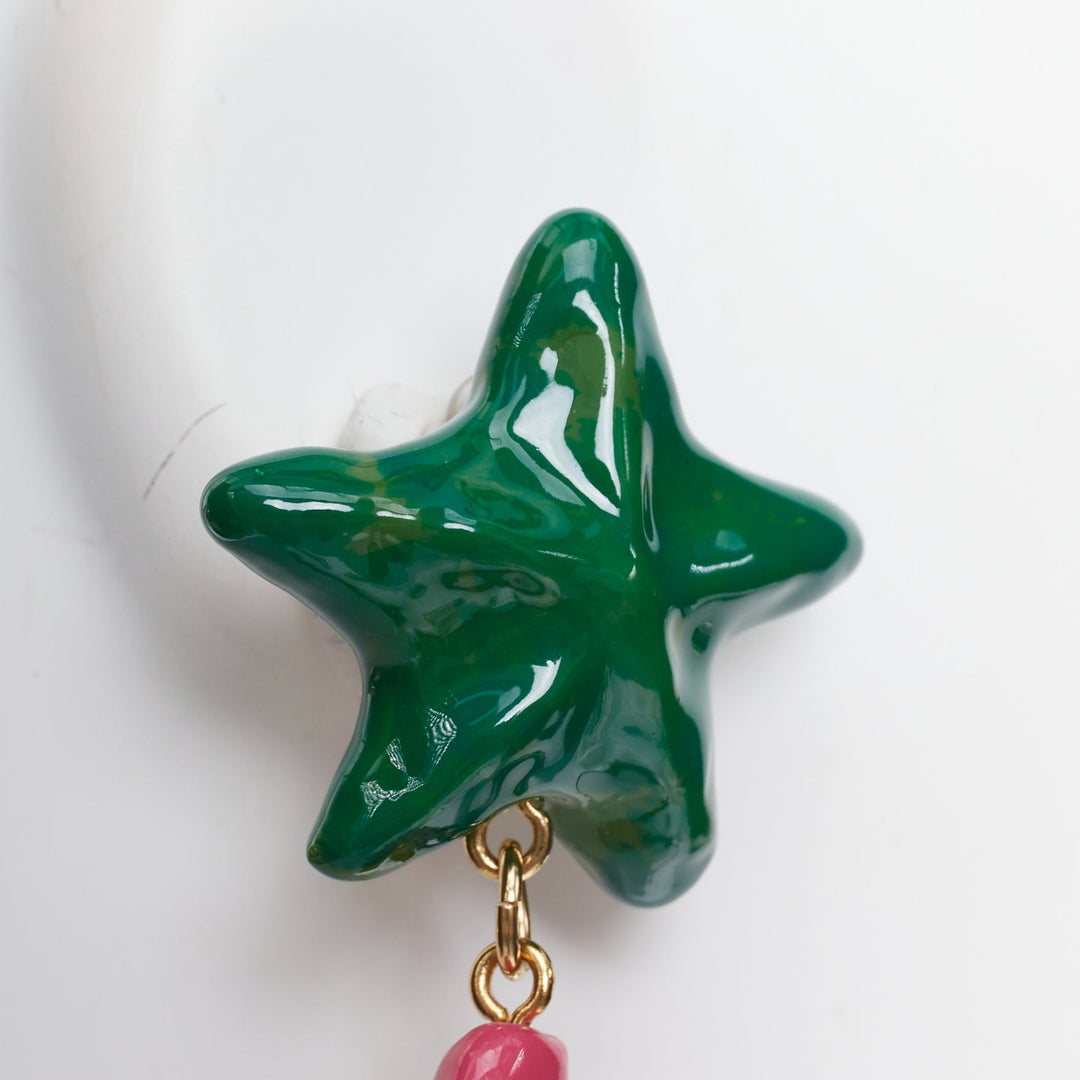 SAINT LAURENT green star pink seashell glazed resin gold brass clip earring Pair