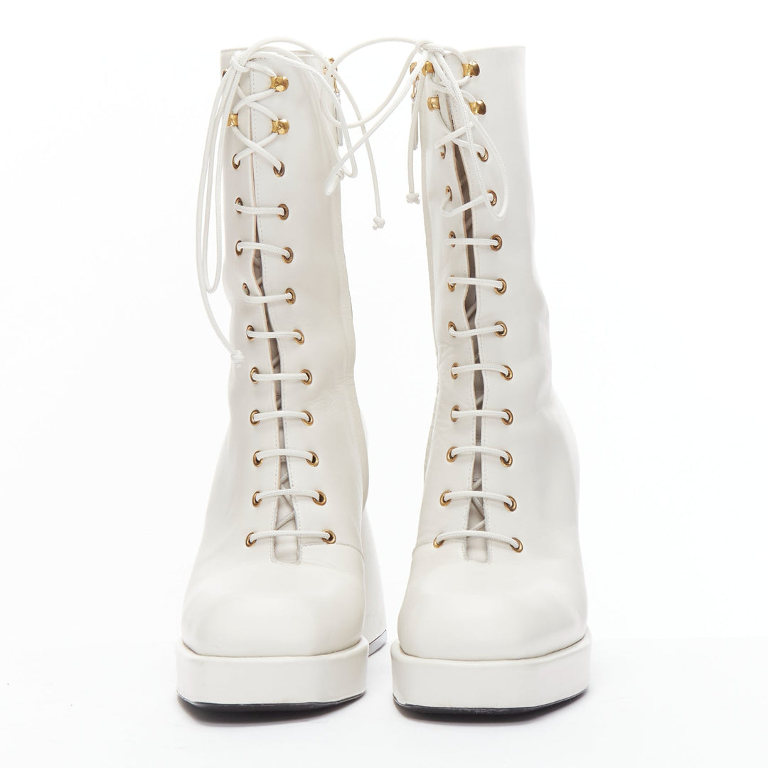 NODALETO Bulla Candy white leather chunky heels lace up boots EU38