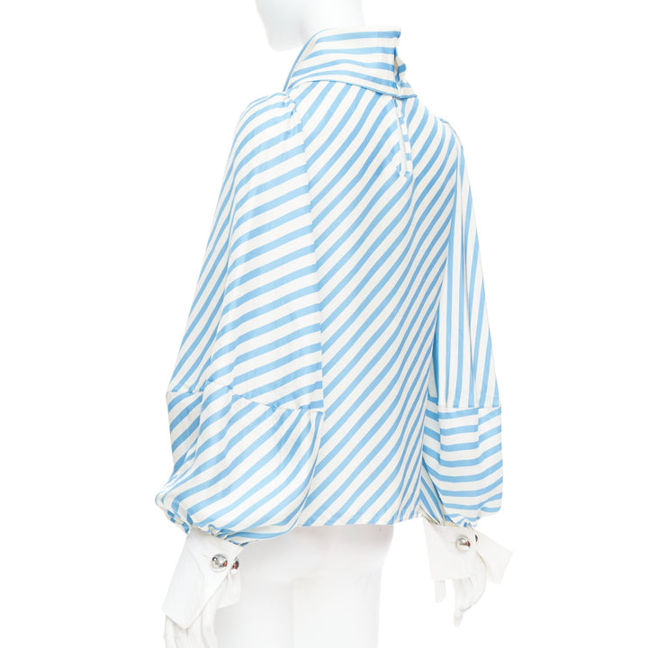 MONSE silk twill blue cream bias cut striped puff sleeve blouse US2 S