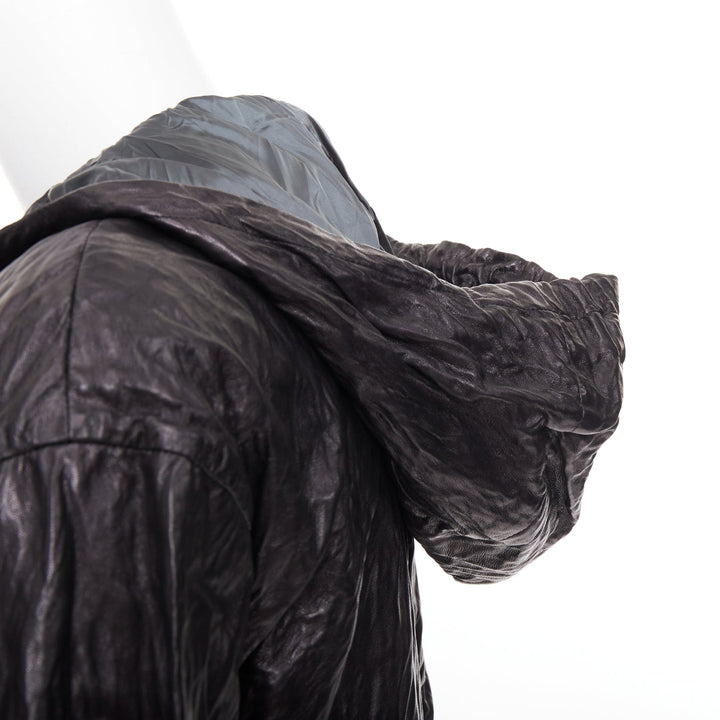 PRADA 2011 Vintage black 100% lambskin crinkled hooded jacket IT36 XXS