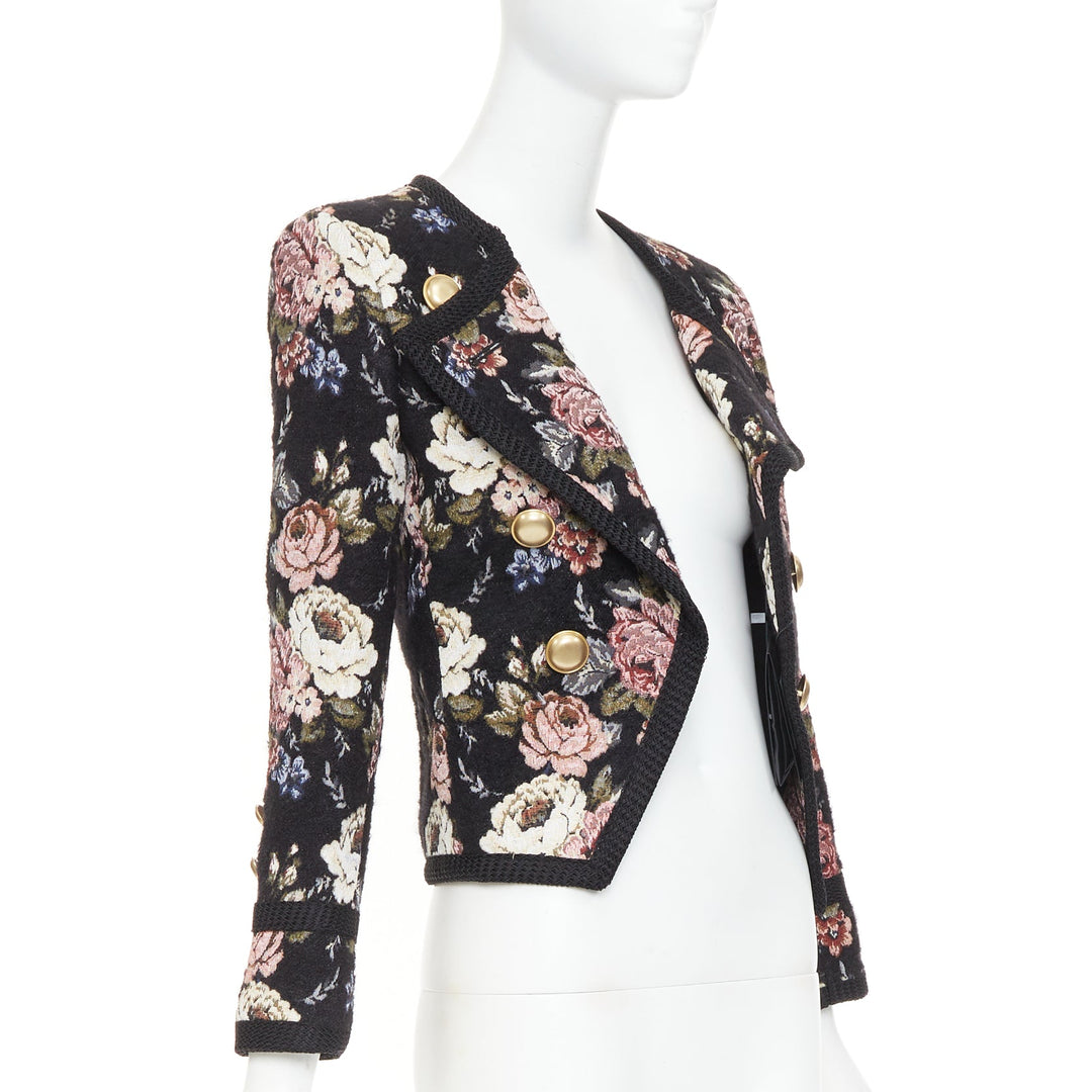 SAINT LAURENT 2017 floral jacquard tapestry gold crop officer jacket FR36 S