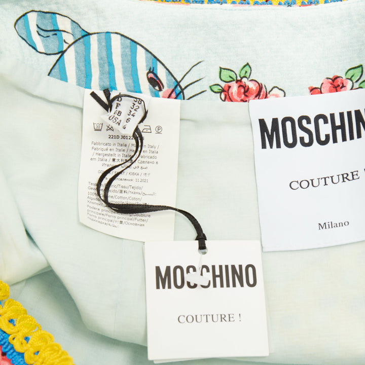 MOSCHINO 2022 Runway Calico Animals Piquet Nursery blue mini skirt IT38 XS