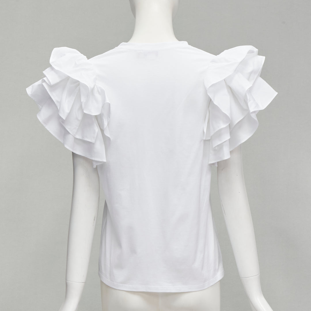 ALEXANDER MCQUEEN white cotton ruffle sleeve crew neck tshirt XS IT38