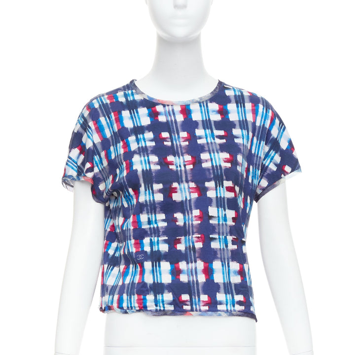 CHANEL 17P Runway blue red check CC logo print silk trim crop top FR36 S