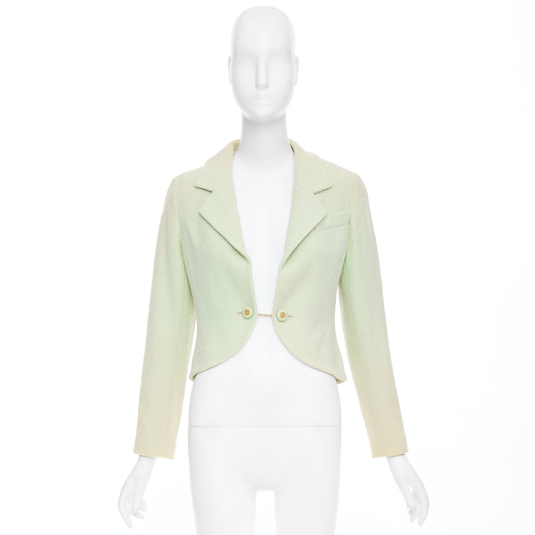 CHANEL 94P Vintage mint green boucle wool chain buttons cropped jacket FR42 XL