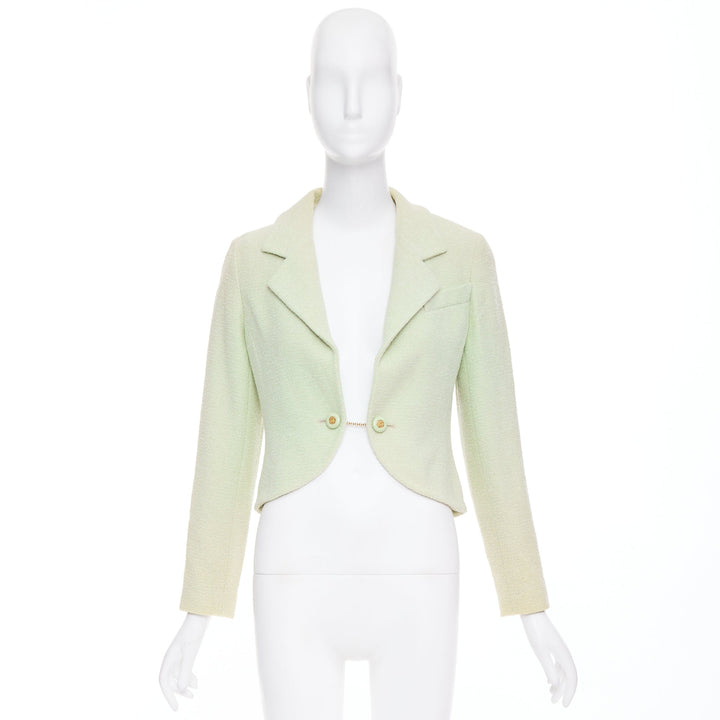CHANEL 94P Vintage mint green boucle wool chain buttons cropped jacket FR42 XL