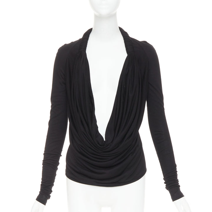 GIVENCHY black draped plunge cowl neck twist rope long sleeves top