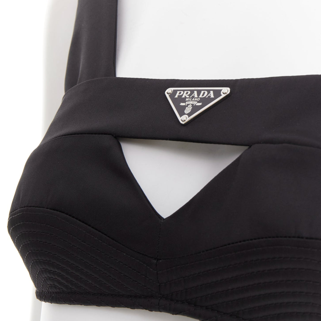 PRADA Re-Nylon black triangle logo cut out contour crop top bralette IT36 XS