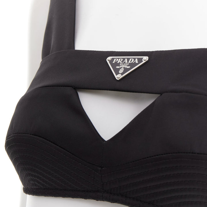 PRADA Re-Nylon black triangle logo cut out contour crop top bralette IT36 XS