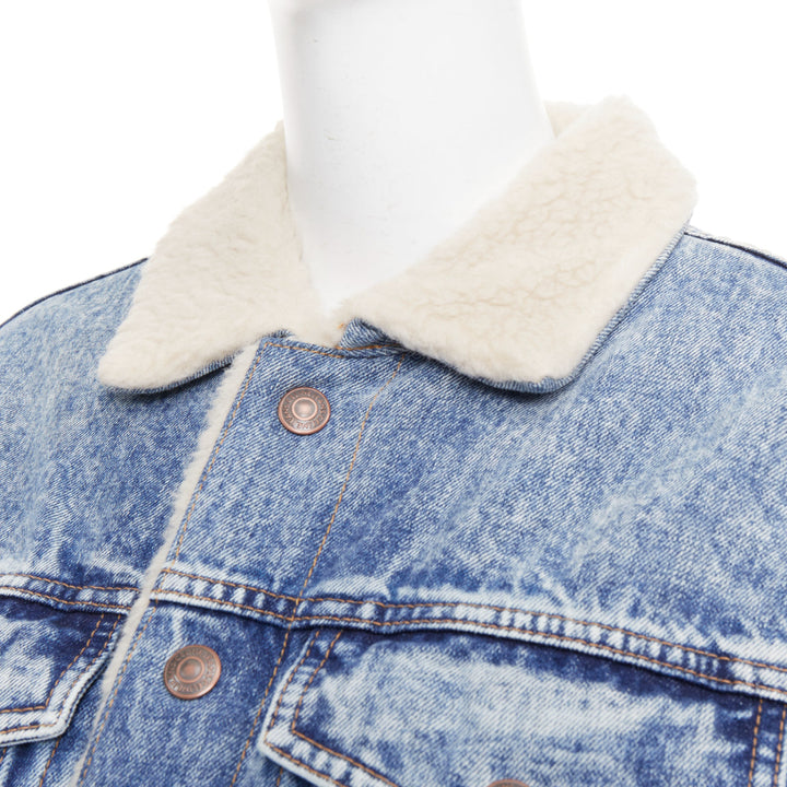 CELINE 2021 Hedi Slimane bleached denim cream shearling lined trucker jacket XS