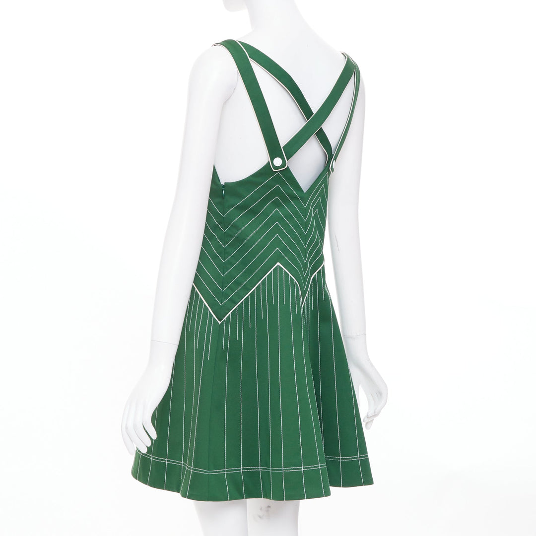 VALENTINO green contrast topstitch V neck silk lining sleeveless dress IT40 S