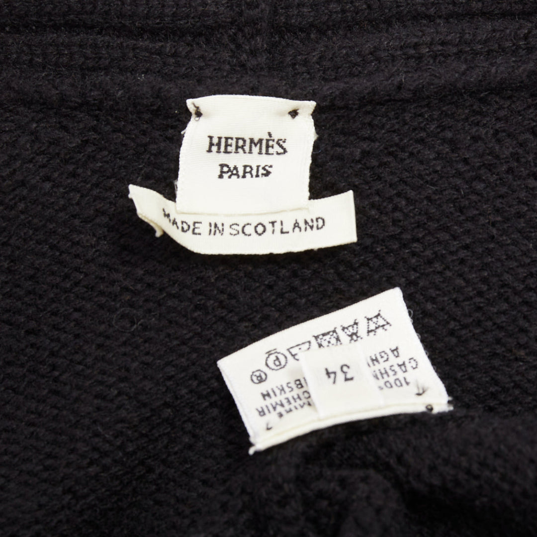 HERMES black 100% cashmere lambskin leather belted knit cardigan FR34 XS
