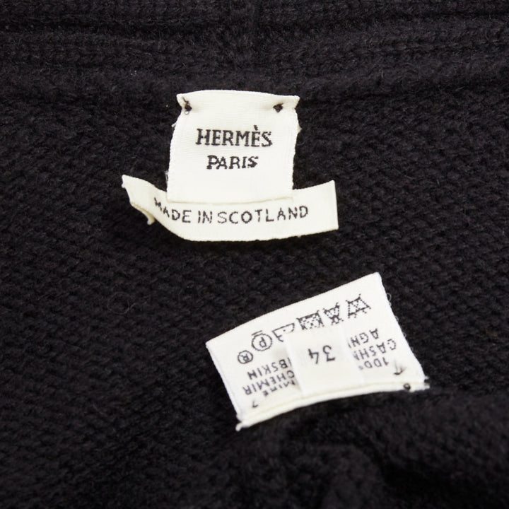 HERMES black 100% cashmere lambskin leather belted knit cardigan FR34 XS