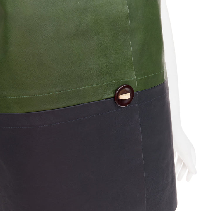 MARNI 2012 green navy calf leather geometric buttons round sleeve coat IT38 XS