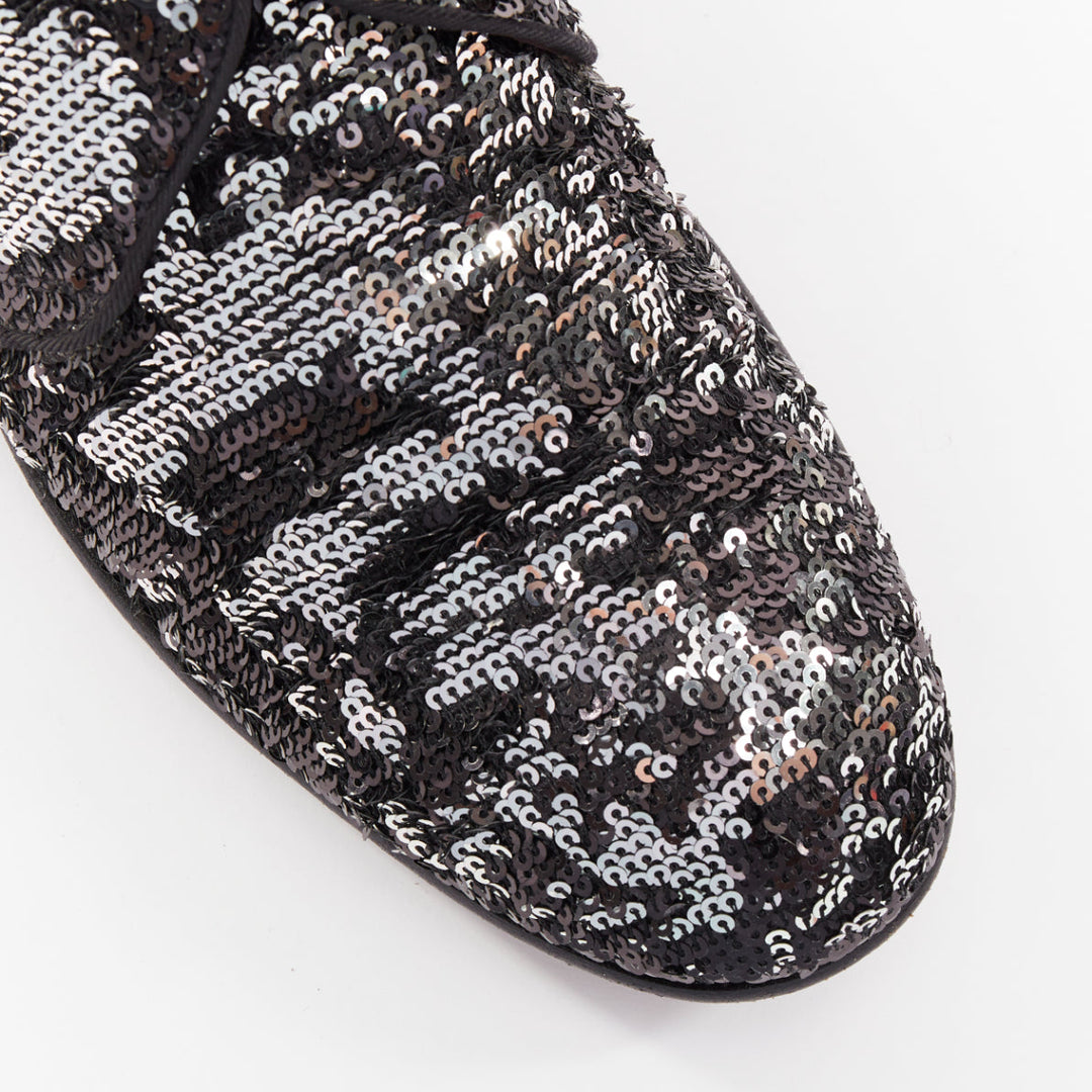 DOLCE GABBANA silver black speckled pailette sequin derby loafer shoes UK9 EU43