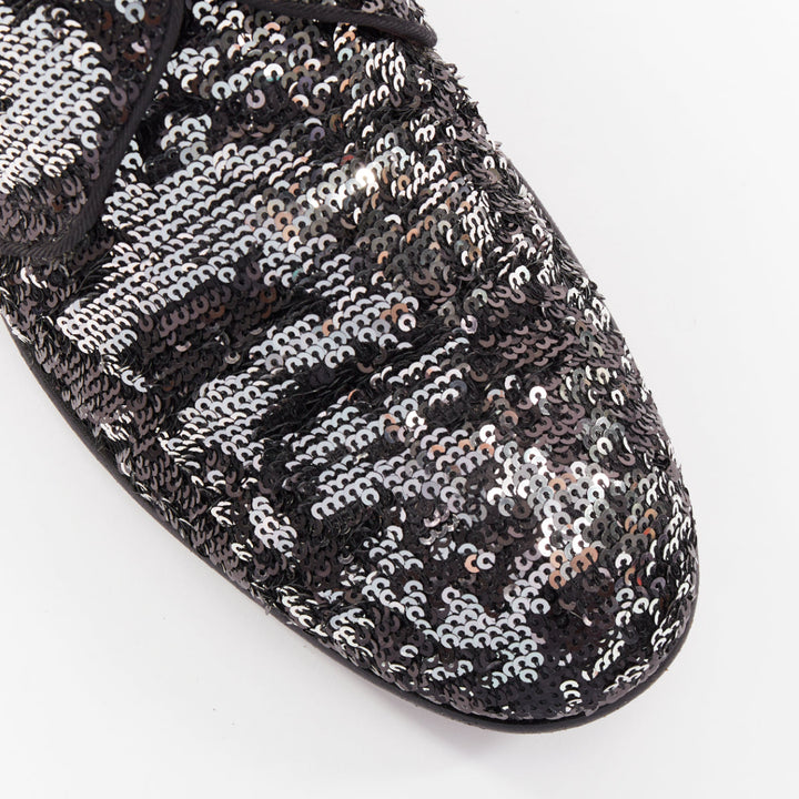 DOLCE GABBANA silver black speckled pailette sequin derby loafer shoes UK9 EU43