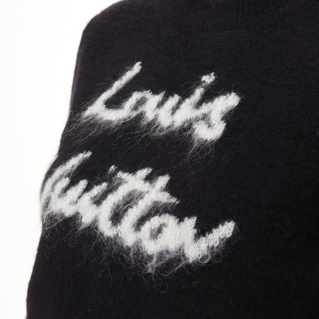 LOUIS VUITTON Cursive Signature black white wool blend fluffy logo sweater XS