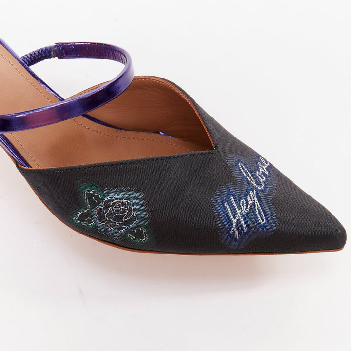 MALONE SOULIERS Marla Hey Lover blue black brocade satin strapped mules EU37