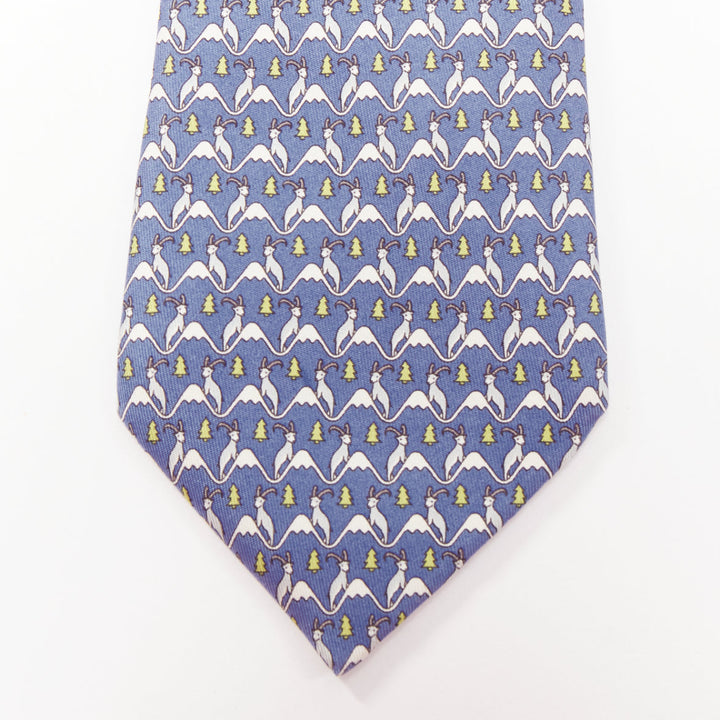 HERMES blue white green 100% silk goat mountain tree print formal tie