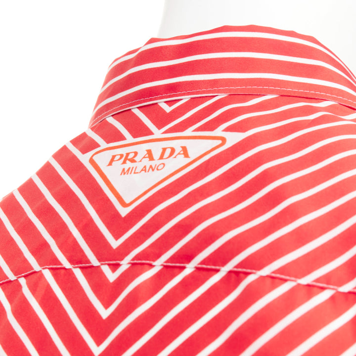 PRADA 2022  100% silk red white diagonal stripe logo back dress shirt EU39 M