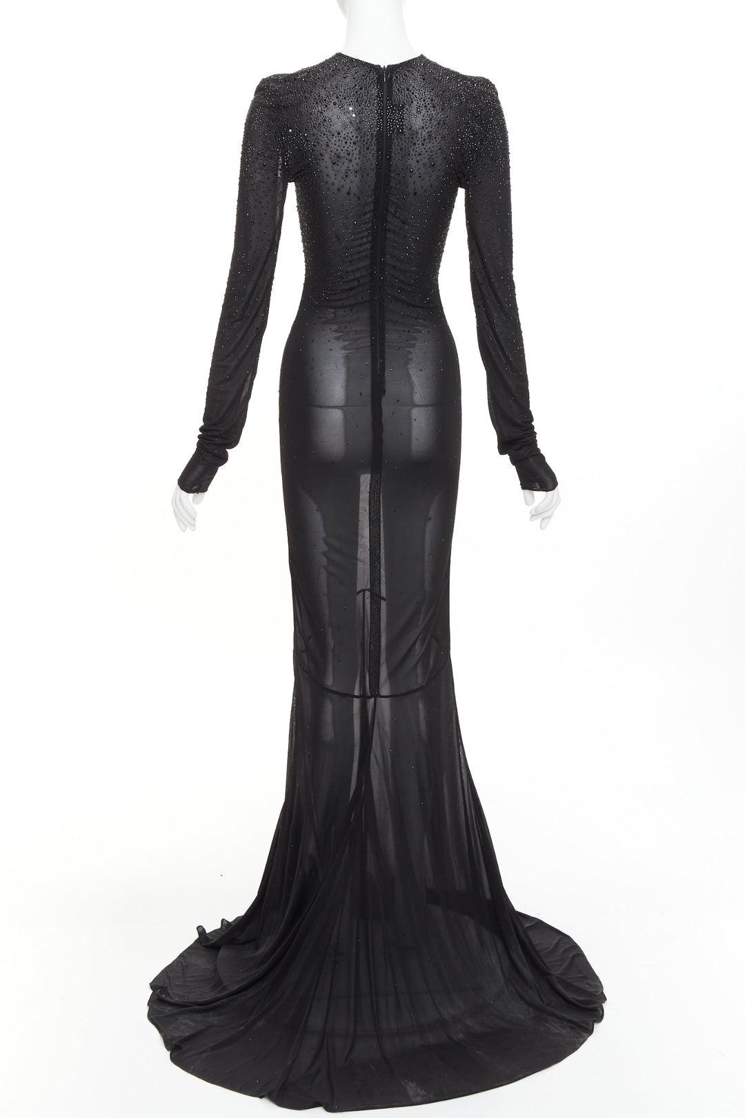 ALEXANDRE VAUTHIER black sheer degrade crystal long sleeve long train gown dress
