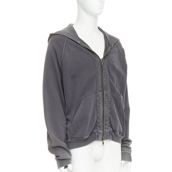 HAIDER ACKERMANN grey washed cotton raglan pocketed zip up hoodie top S