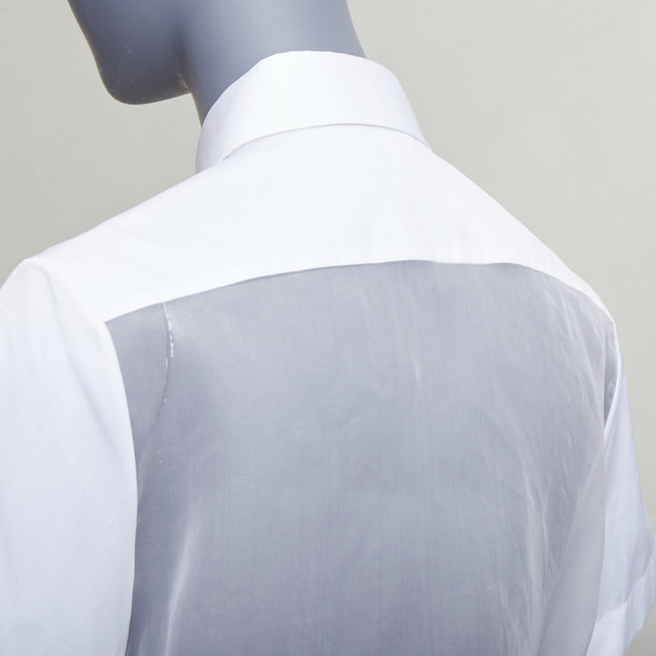 CHRISTIAN DIOR 100% silk white cotton trim sheer panel logo shirt FR34 XS