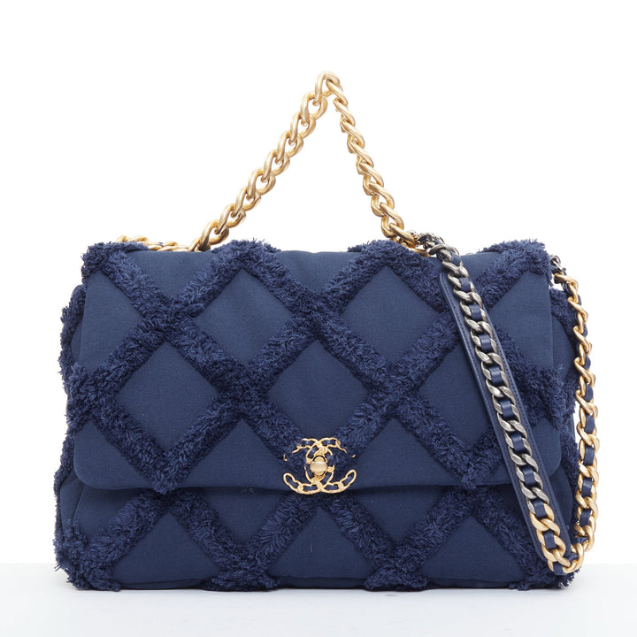 CHANEL 2021 19 navy cotton canvas fringe quilted mixed chain flap bag