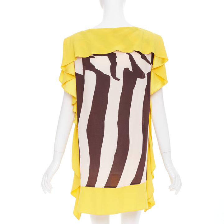 ESCADA Vintage abstract print yellow brown cream ruffle silk mini dress FR40 M