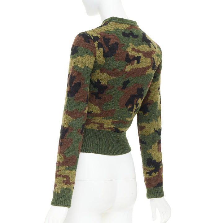 MIU MIU 2019 green brown wool camouflage cropped sweater pullover IT36 XXS