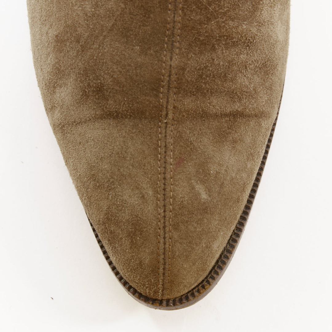 HERMES brown suede gold Kelly toggle hardware point toe ankle boots EU37.5