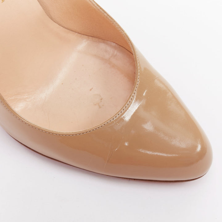 CHRISTIAN LOUBOUTIN taupe nude patent leather stiletto almond pumps EU38