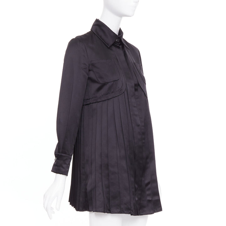 CHANEL black 100% silk pocketed gun flap pleated tunic shirt dress FR34 XS