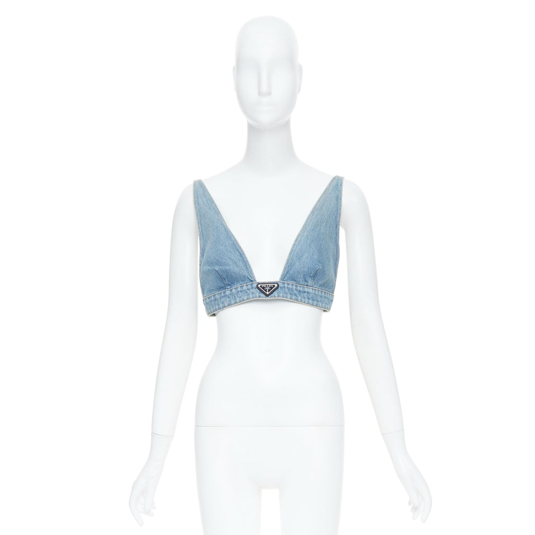 PRADA blue denim triangle logo seal plaque bra top IT42 M