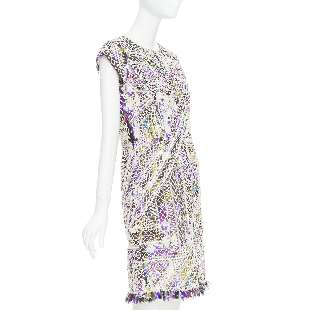 OSCAR DE LA RENTA Runway purple white silk embroidery anglais fringe dress US6 M