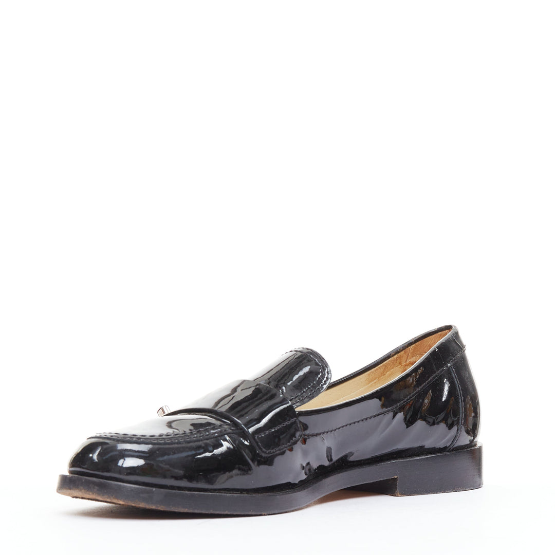 CHANEL black patent leather interlocking CC logo loafers EU36.5