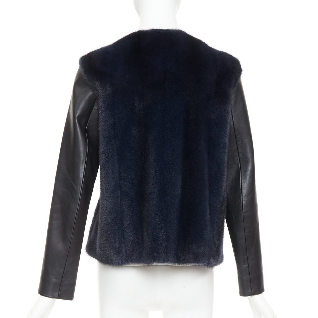 CHRISTIAN DIOR navy natural fur black soft leather sleeve silk lined jacket