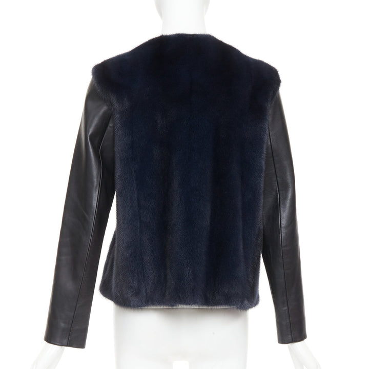 CHRISTIAN DIOR navy natural fur black soft leather sleeve silk lined jacket