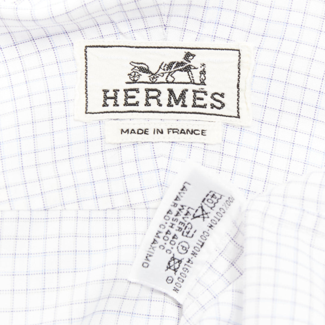 HERMES white blue small checked cotton collared shirt EU39 M